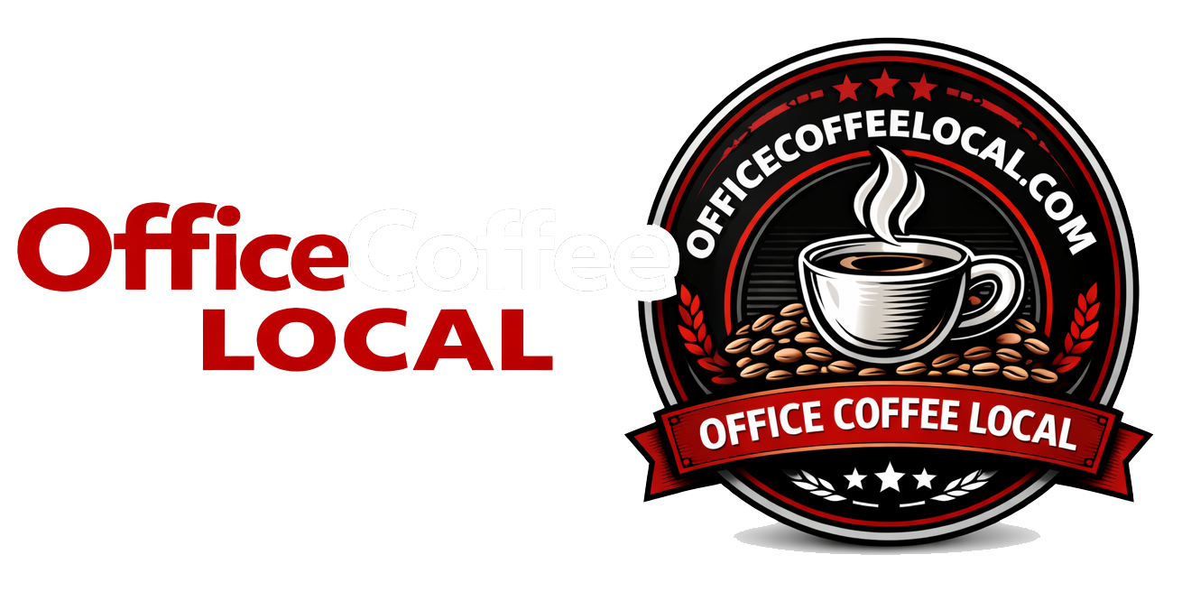 Office Local logo with red text and a coffee cup emblem on a black circular badge