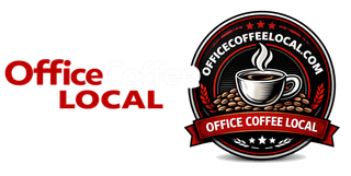 Office Local logo with red text and a coffee cup emblem on a black circular badge