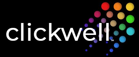Clickwell logo with white text and colorful dots on a black background