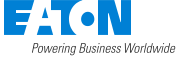 A blue and white logo for eaton powering business worldwide