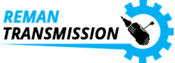 A logo for reman transmission with a blue gear