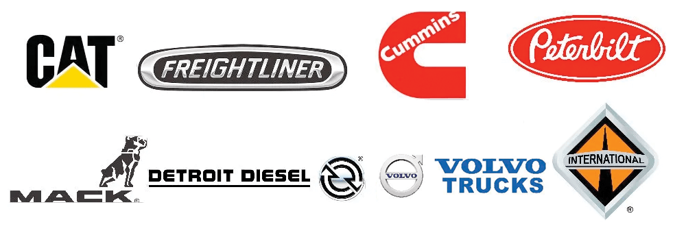 A cat freightliner volvo mack detroit diesel and peterbilt logos on a white background