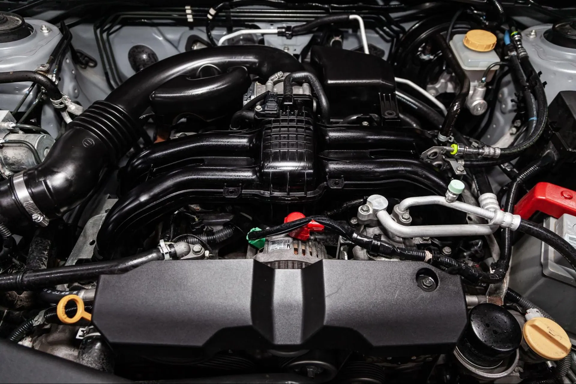 A close up of the engine of a car