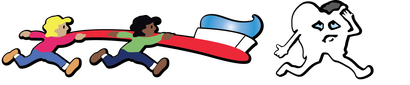 A cartoon of two children running with a flag and a tooth.
