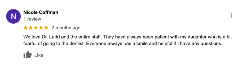A screenshot of a google review for a dentist.