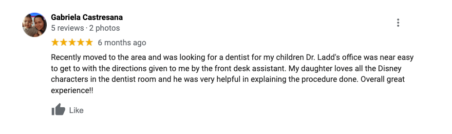 A screenshot of a google review for a dentist.
