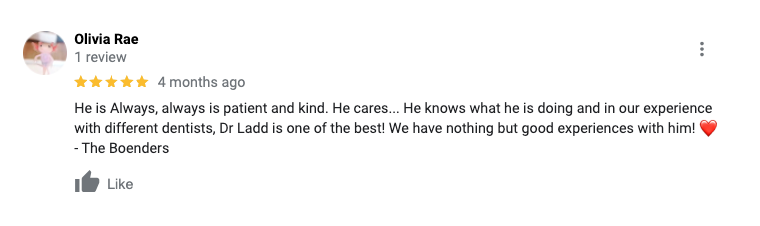 A review of a dentist on a google review page.