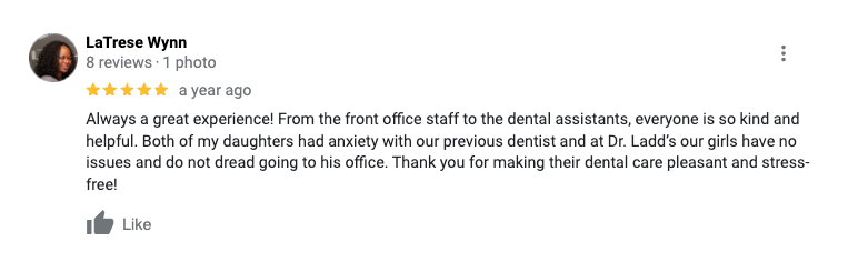 A screenshot of a google review for a dental office.