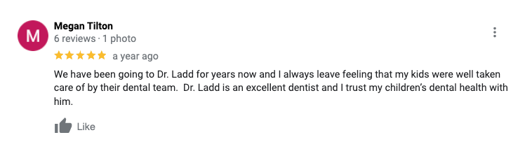 A screenshot of a google review for a dentist.