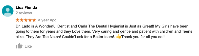 A review of a dentist on a google review page.