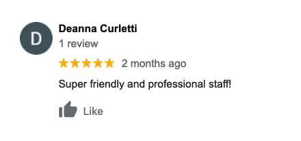 A review from deanna curletti shows that she is super friendly and professional staff.