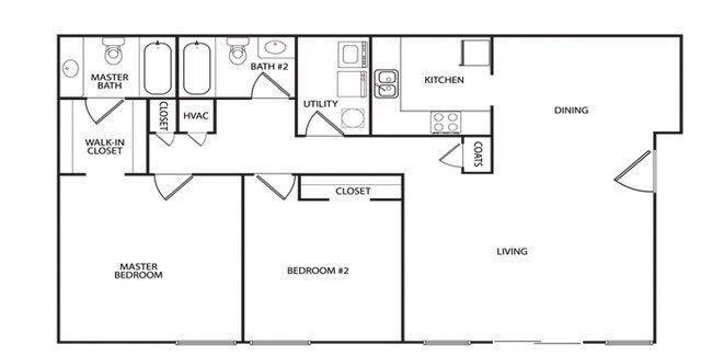 Floor plan of a two-bedroom apartment, featuring master bath, kitchen, dining, living area, and utility room.