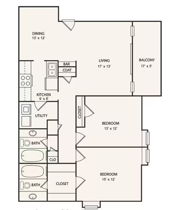 Floor plan of a two-bedroom apartment with a living room, balcony, dining area, kitchen, and two bathrooms.
