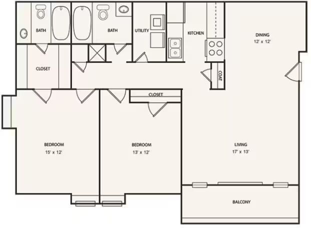 Floor plan of a two-bedroom apartment with a balcony, kitchen, and living/dining areas.