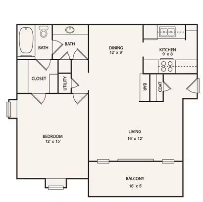 Floor plan of a one-bedroom apartment with a living room, kitchen, dining area, balcony, and a bathroom.