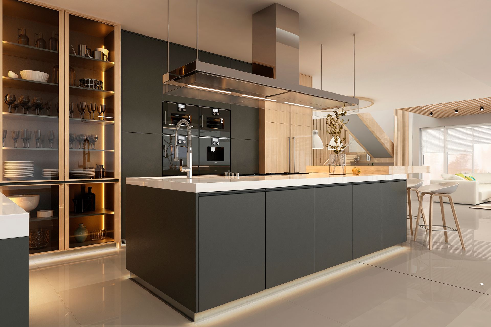 View of a modern kitchen interior with black cabinets, showcasing a custom kitchen design.