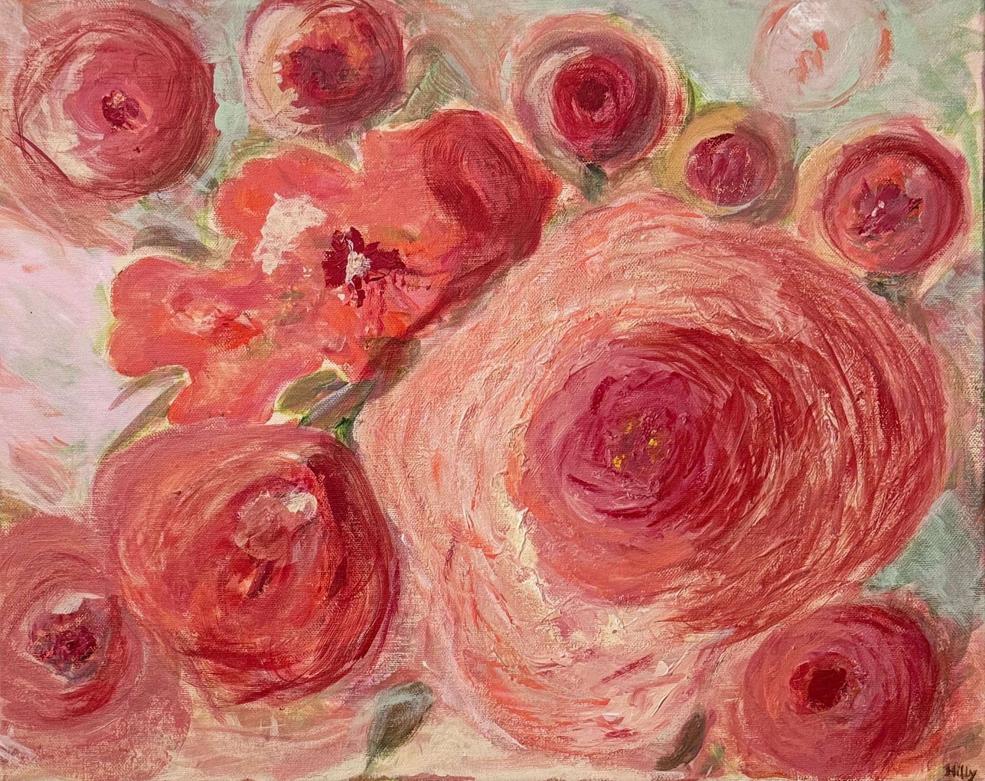 Abstracte bloemenschilderij met roze en rode rozen op een zachtbeige achtergrond.