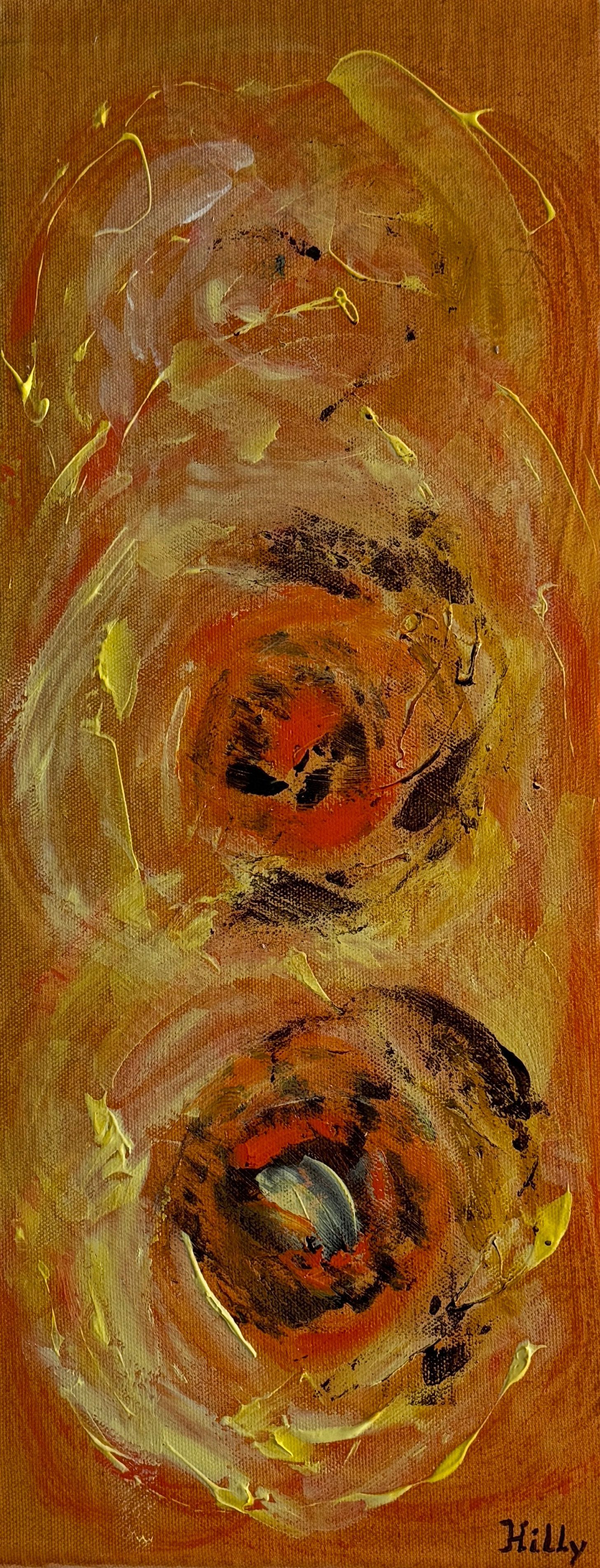 Abstract schilderij in oranje en geel met twee cirkelvormige, oogachtige figuren en gestructureerde penseelstreken.