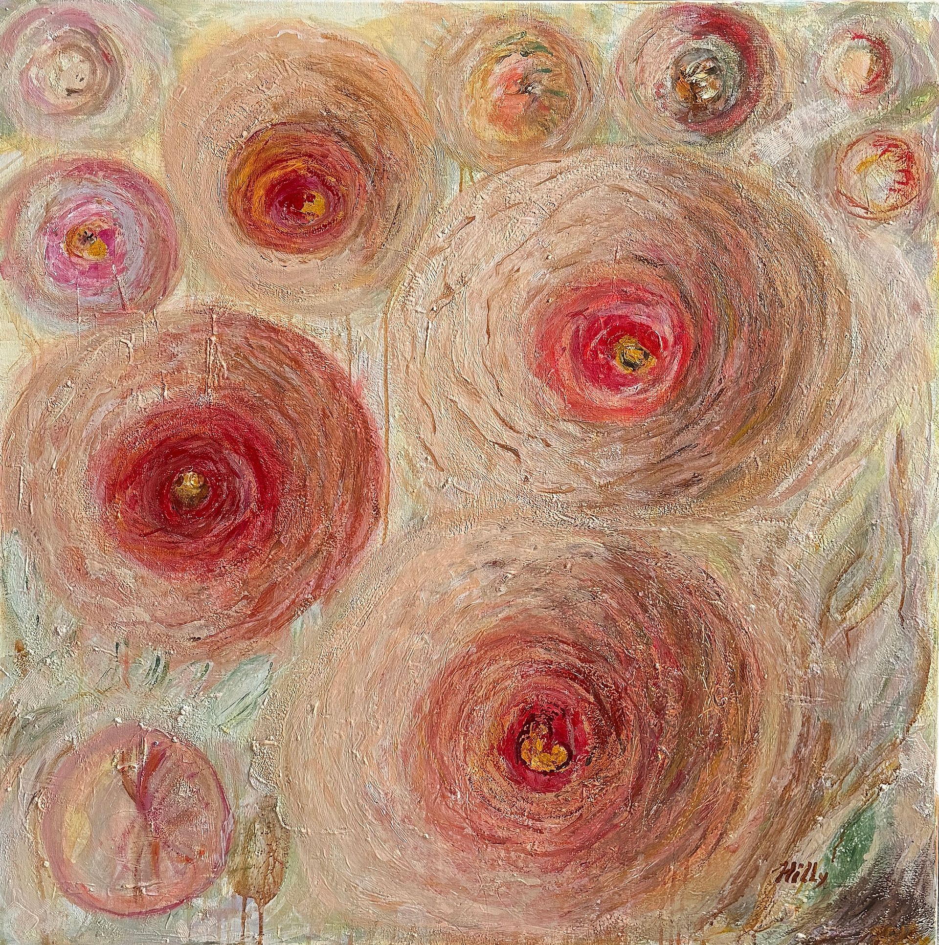 Abstract schilderij van roze en rode concentrische bloemvormige bollen op een beige, gestructureerde achtergrond.