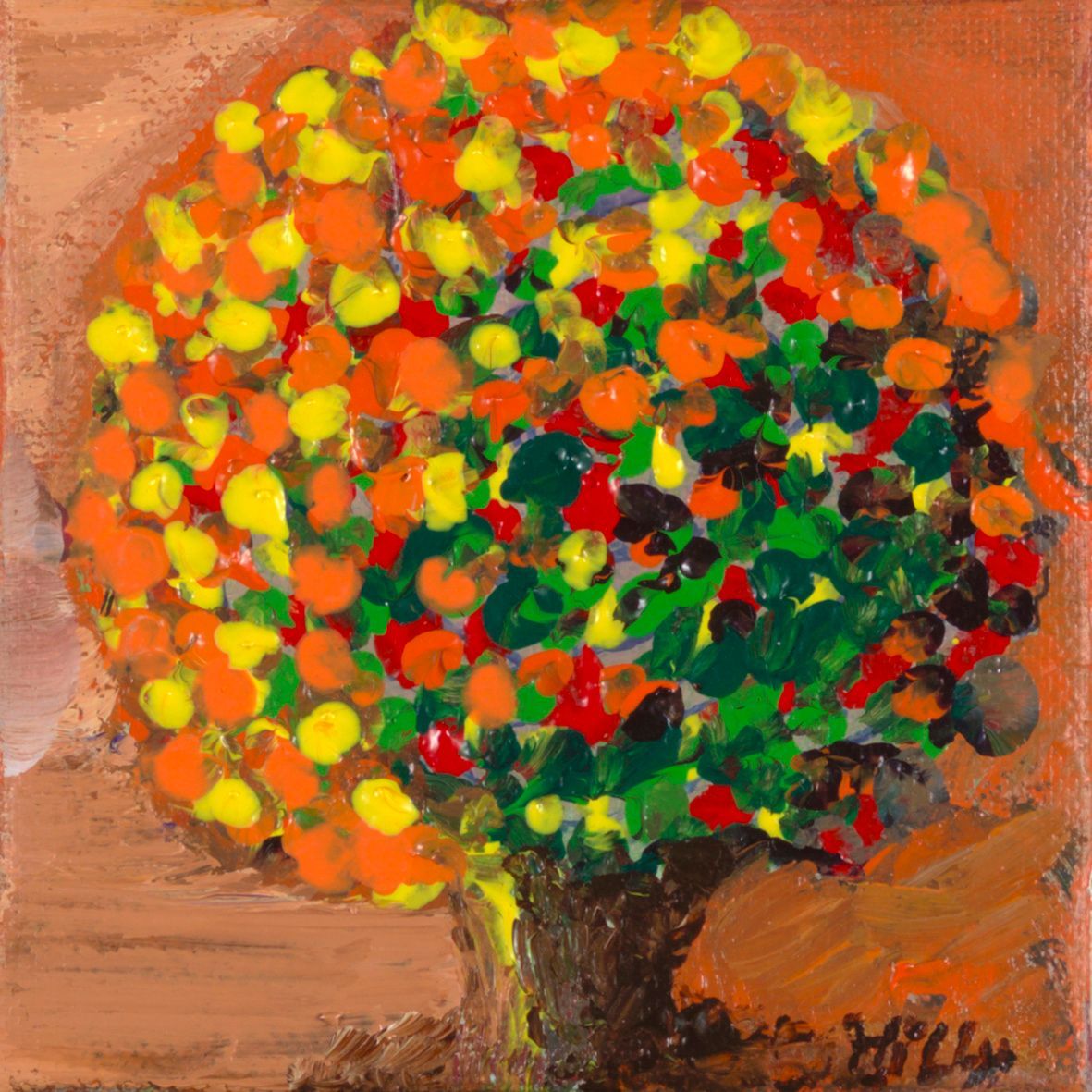 Abstracte schildering van een kleurrijke boom met rode, gele, groene en oranje bladeren op een gestructureerde bruine achtergrond.