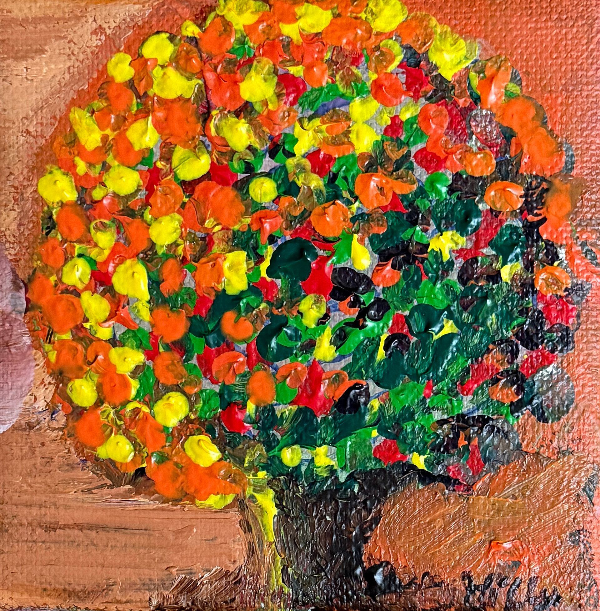 Abstracte schildering van een kleurrijke boom met rode, gele, groene en oranje bladeren op een gestructureerde bruine achtergrond.