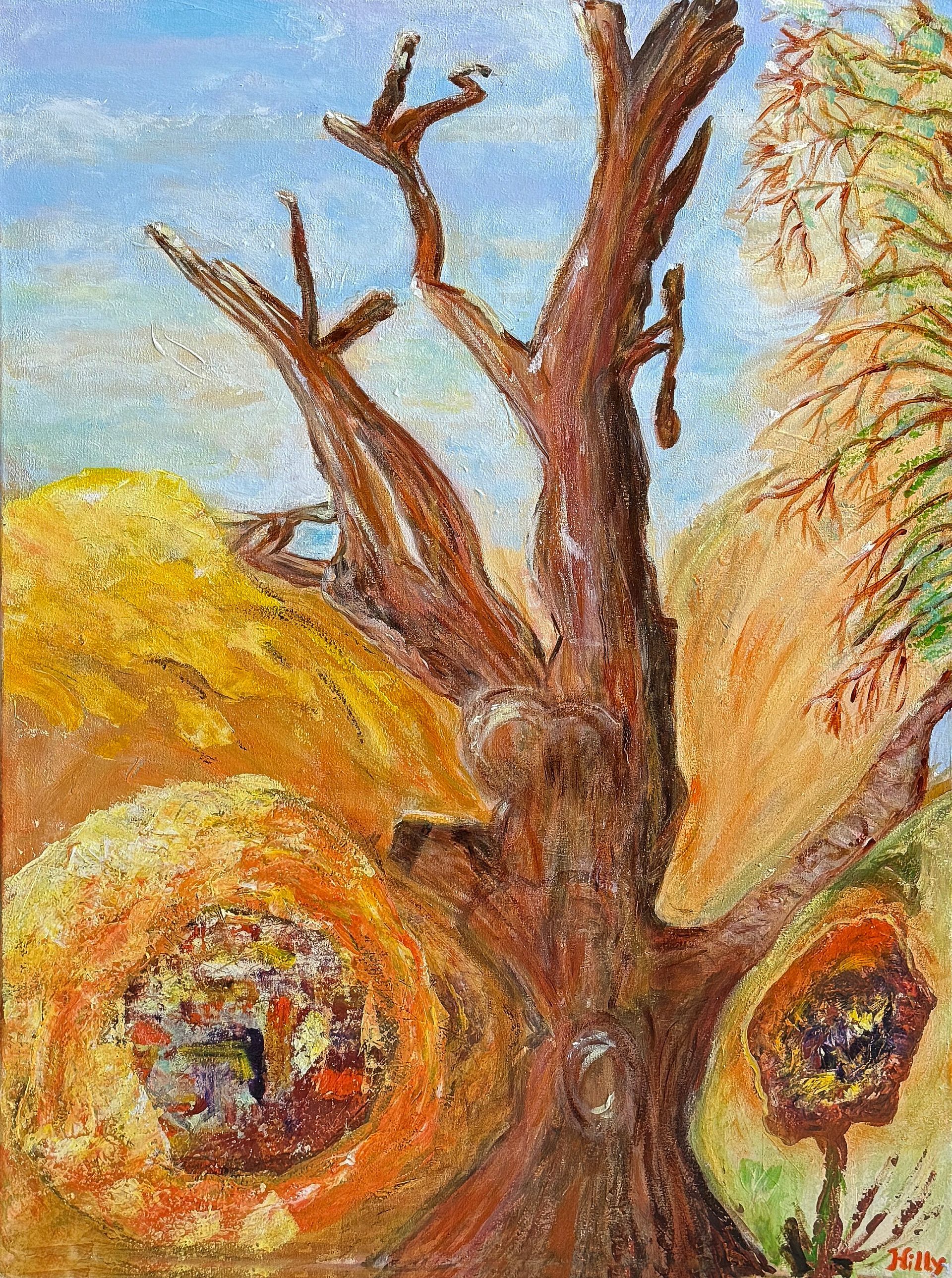 Abstract herfstlandschap met gouden heuvels en twee ronde, hooibergachtige vormen onder een kale boom.