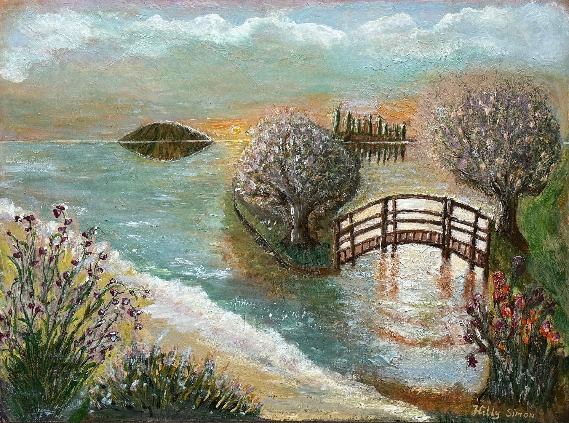 Pastelkleurig landschap van een besneeuwde rivieroever met een houten brug, bloeiende bomen en een klein eilandje.