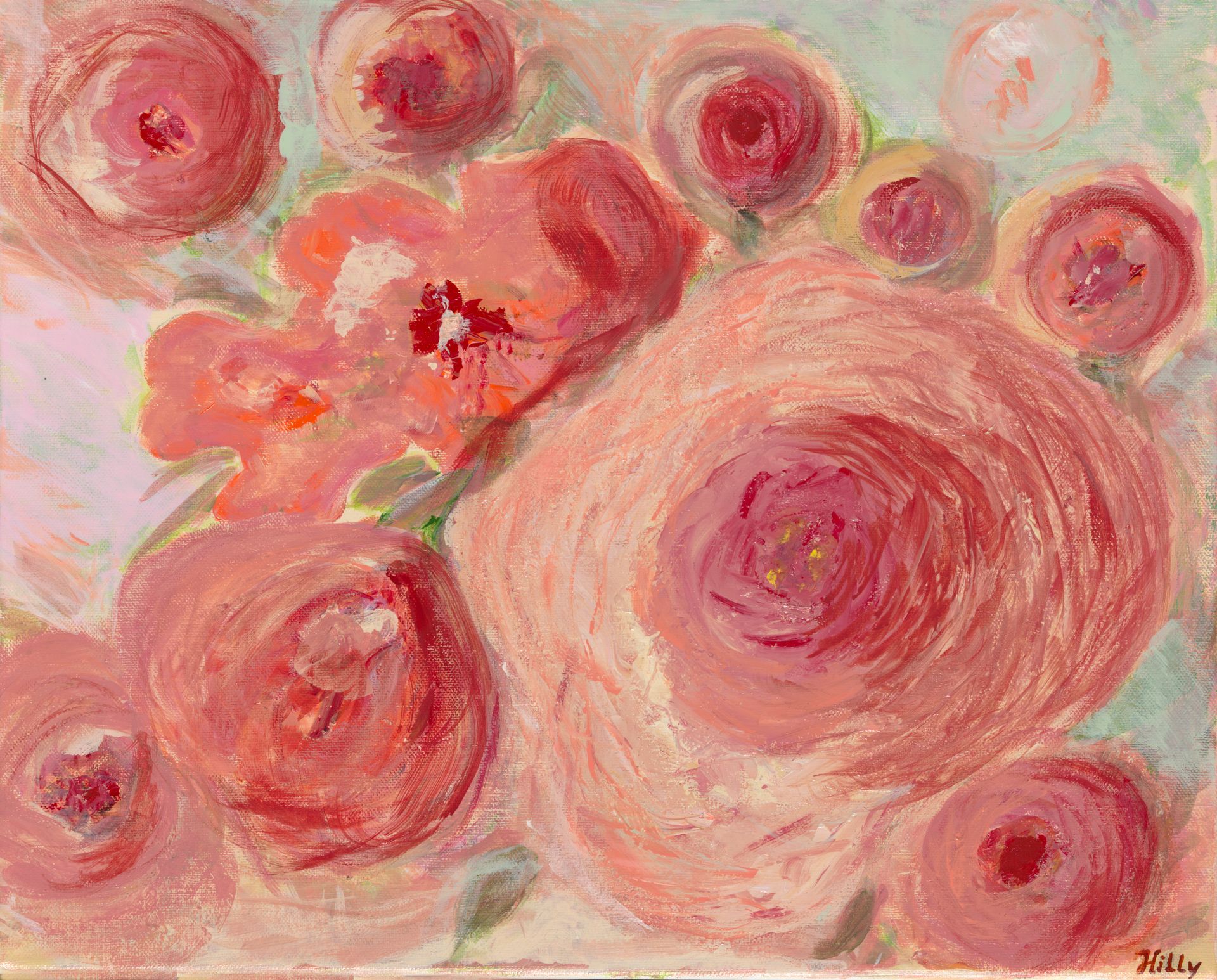 Abstracte bloemenschilderij met roze en rode rozen op een zachtbeige achtergrond.