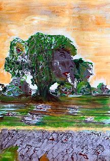 Abstract schilderij van een grote olifant in een graslandschap onder een oranje hemel.