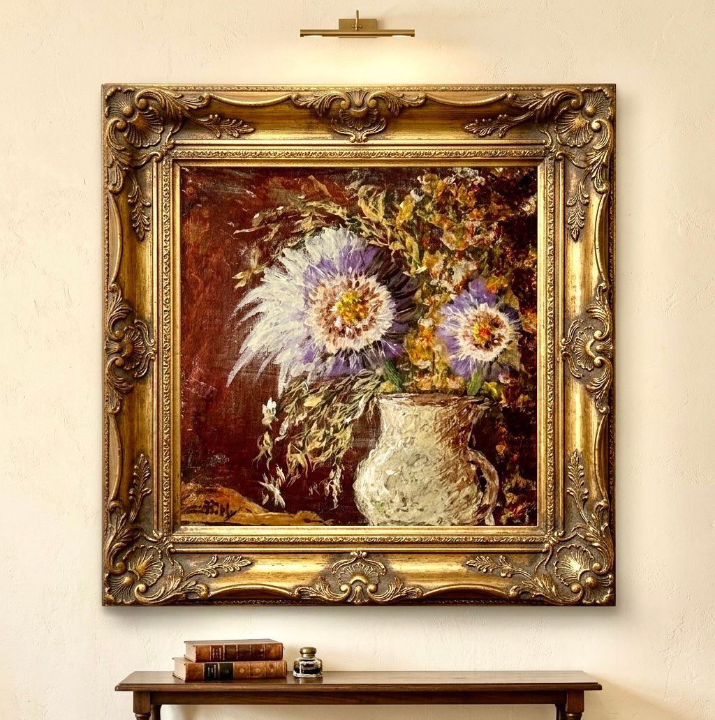 Titel: Waar De Stilte Bloeit.
Ingelijst schilderij met paarse bloemen boven een houten consoletafel tegen een beige muur.