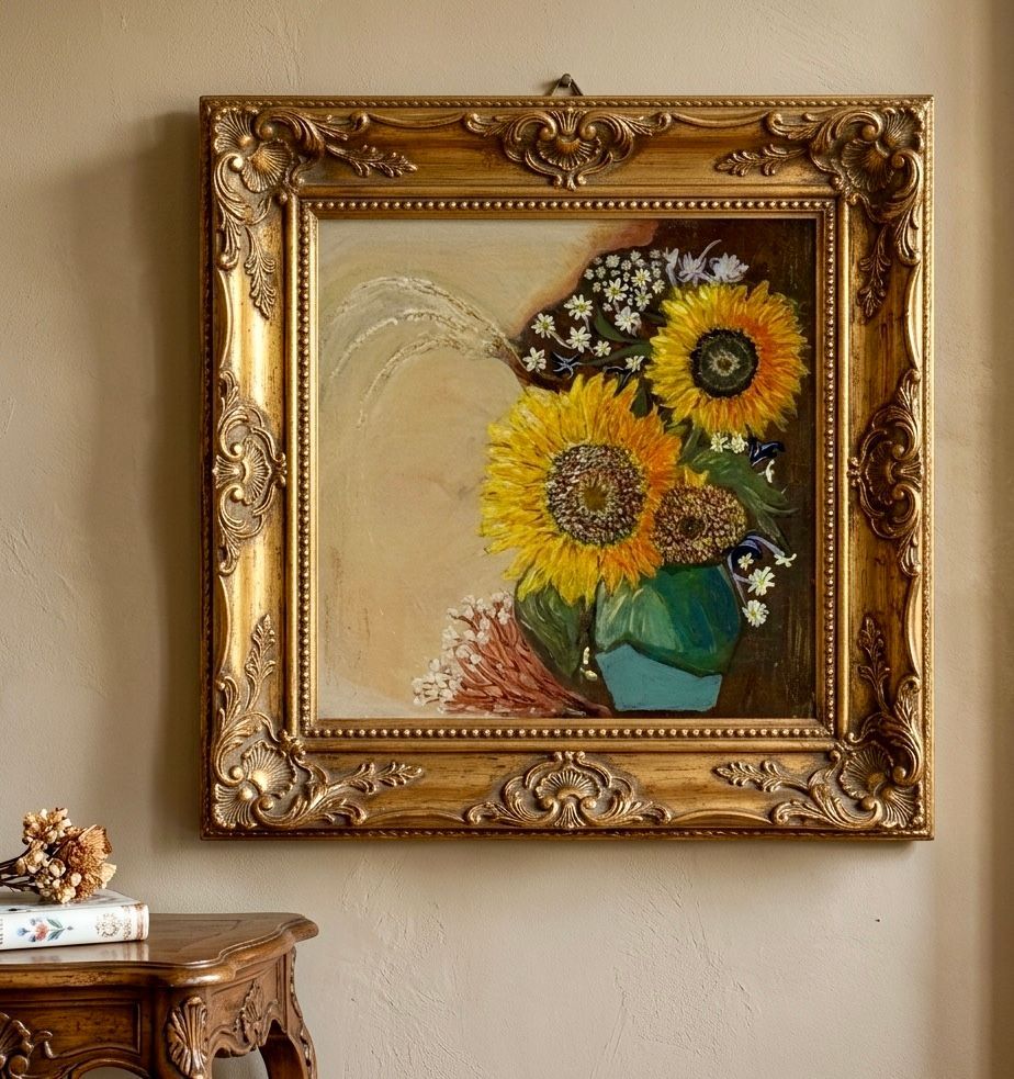 Ingelijst schilderij van zonnebloemen in een vaas aan een beige muur, naast een sierlijke houten tafel.