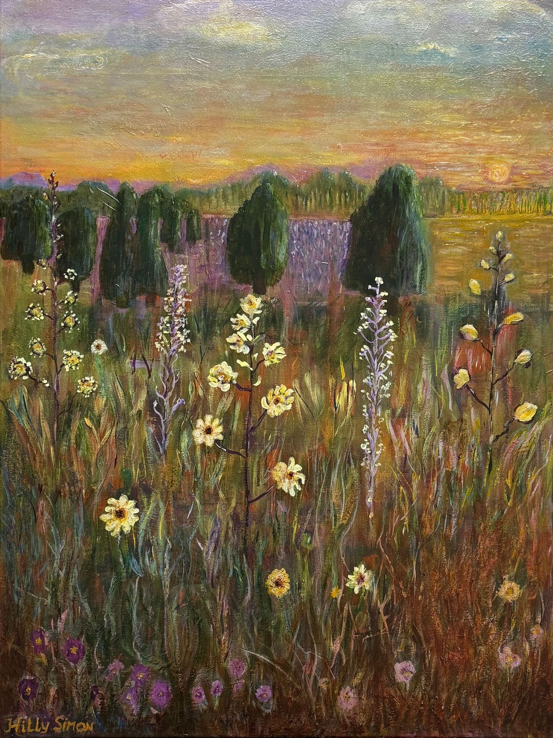 Een weide vol wilde bloemen bij zonsondergang, met hoog gras, madeliefjes en paarse bloesems onder een gouden hemel.