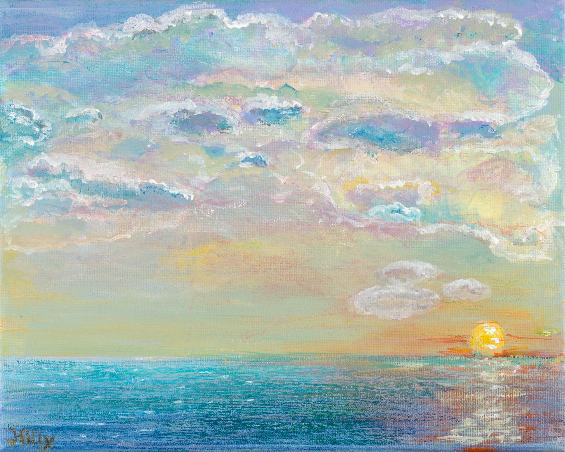 Pastelkleurig zeegezicht met bewolkte lucht boven een kalme blauwe oceaan