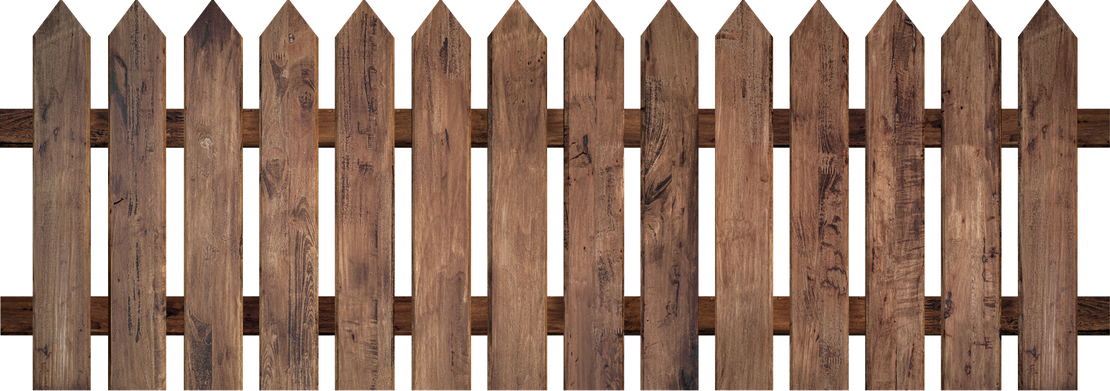 A wooden picket fence on a white background.