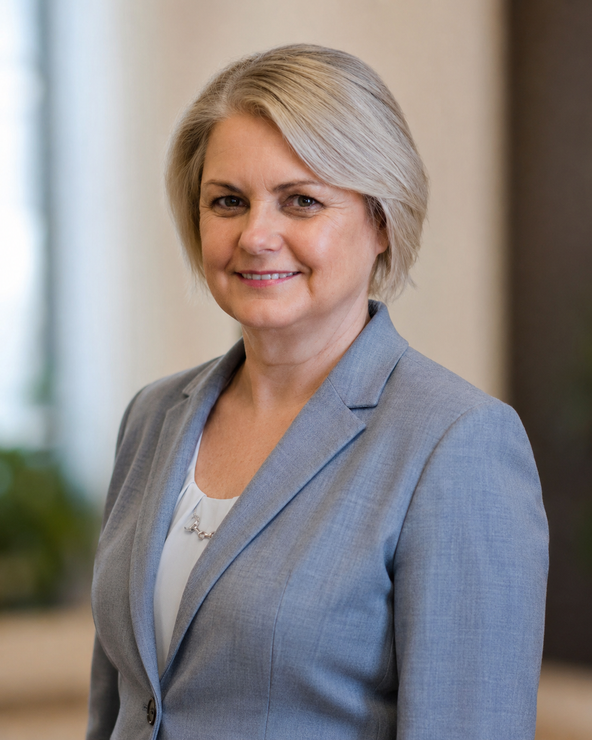 Smiling woman in a light blue blazer standing indoors against a blurred background