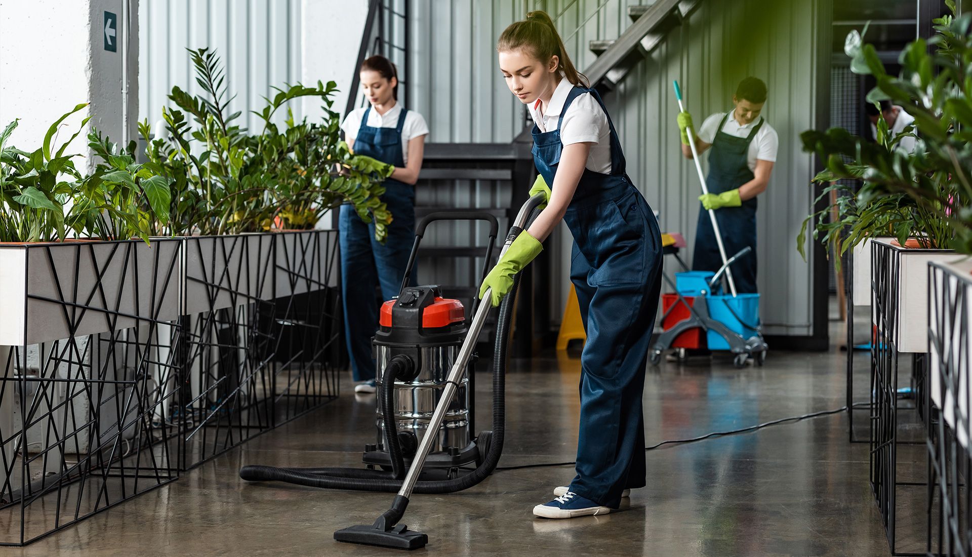 Three people cleaning an office hallway: one vacuums, one dusts plants, and one mops.