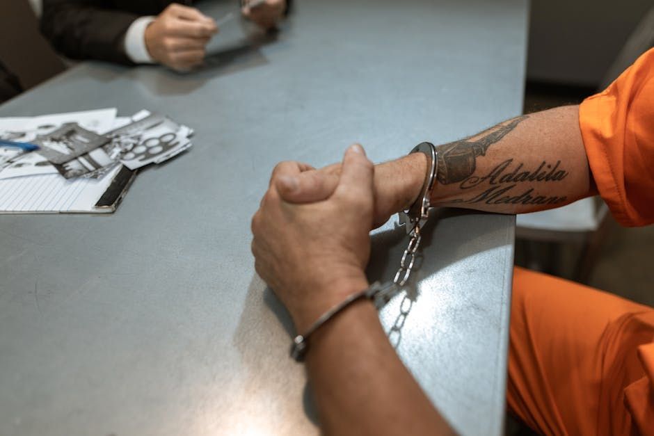 Handcuffed person in orange jumpsuit at a table, with officers visible in the background