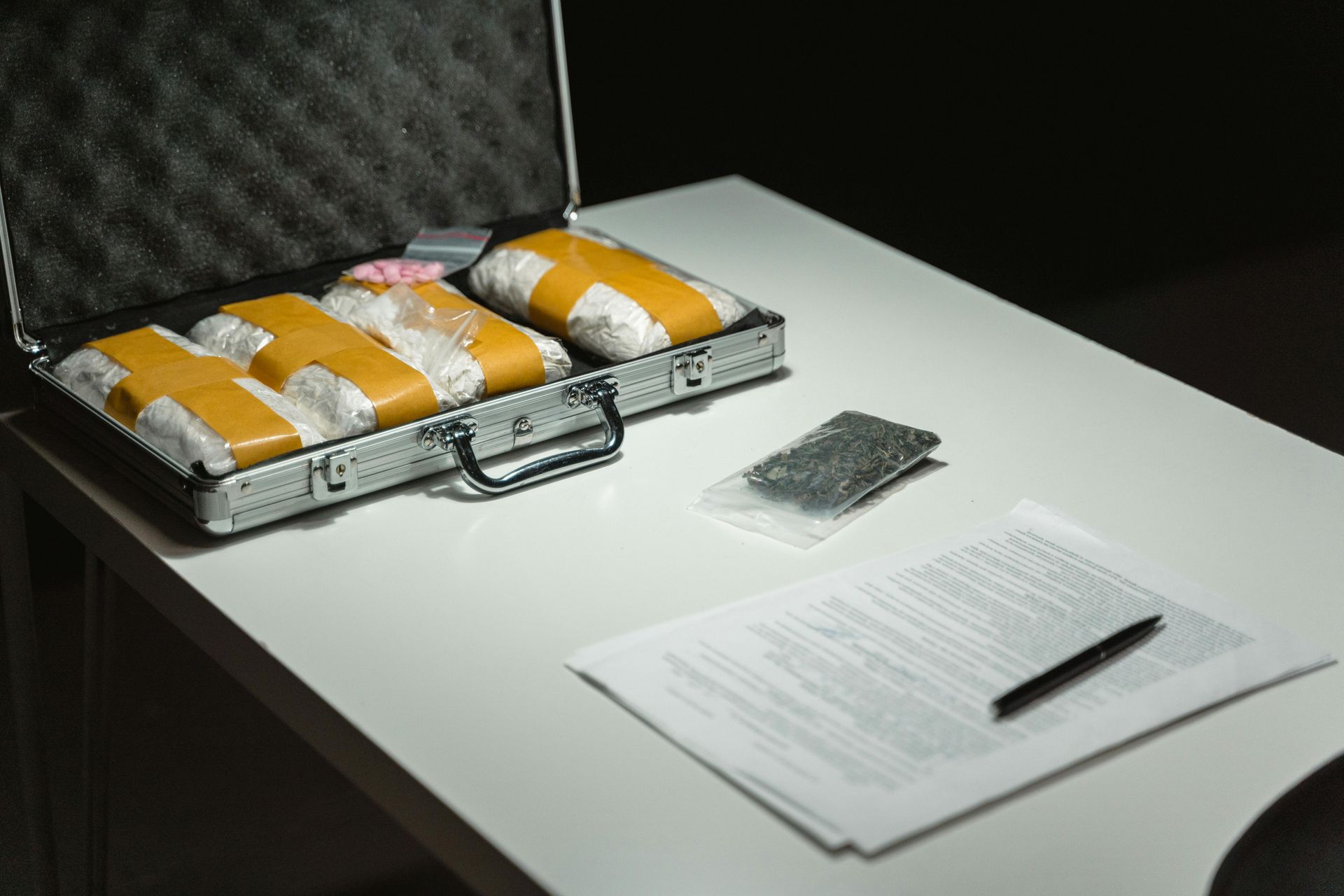 Open briefcase of cash on a table beside a stack of papers and a pen