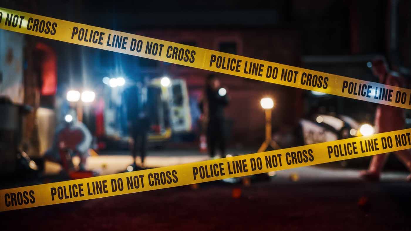 A police line do not cross tape is covering a crime scene.