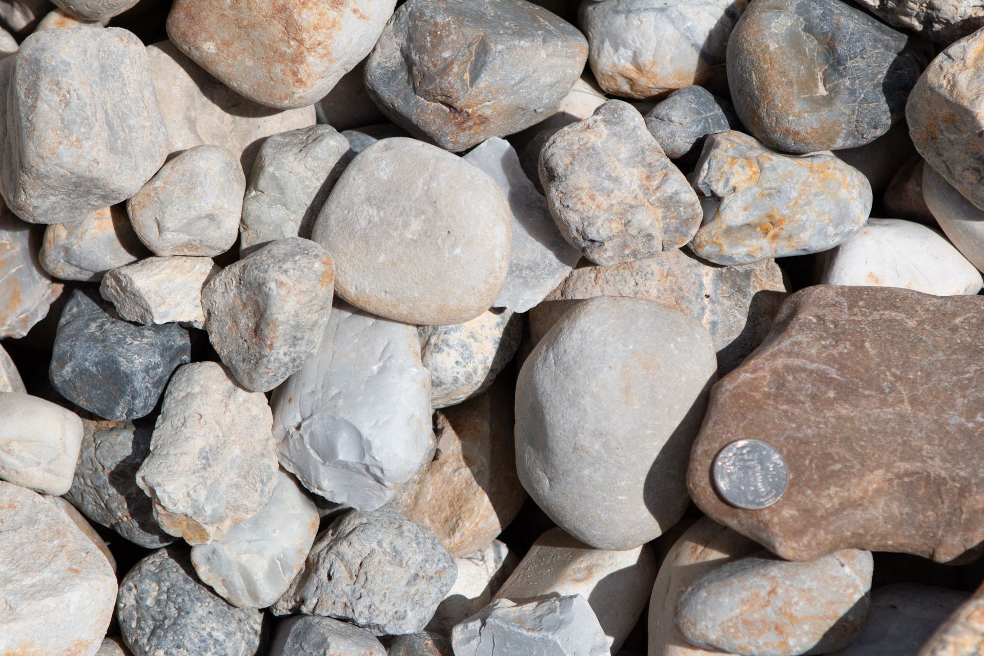 A pile of rocks with a coin in the middle.
