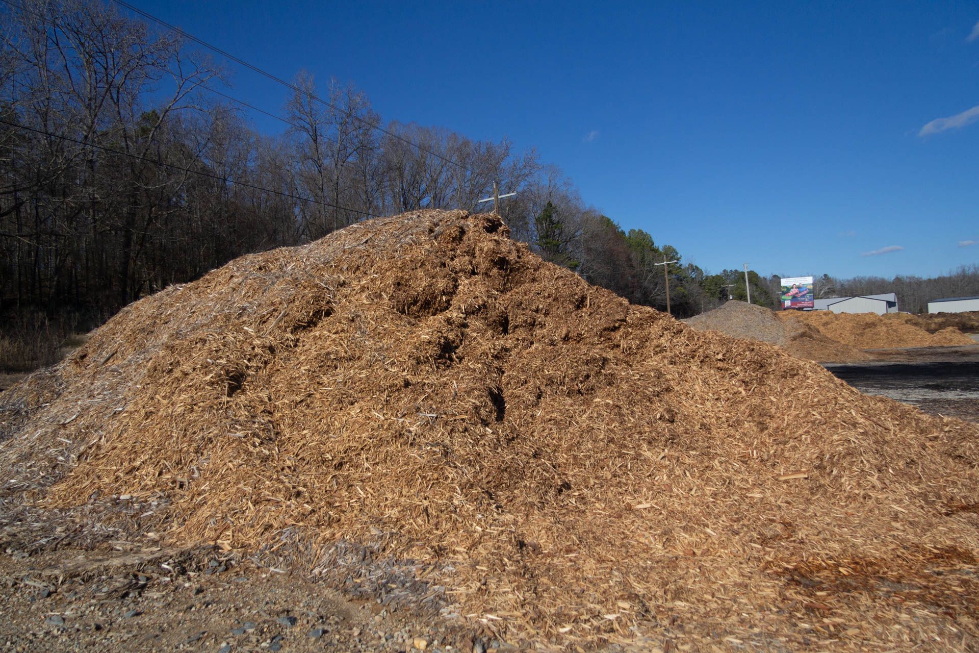 A large pile of wood chips is sitting on top of a dirt field.