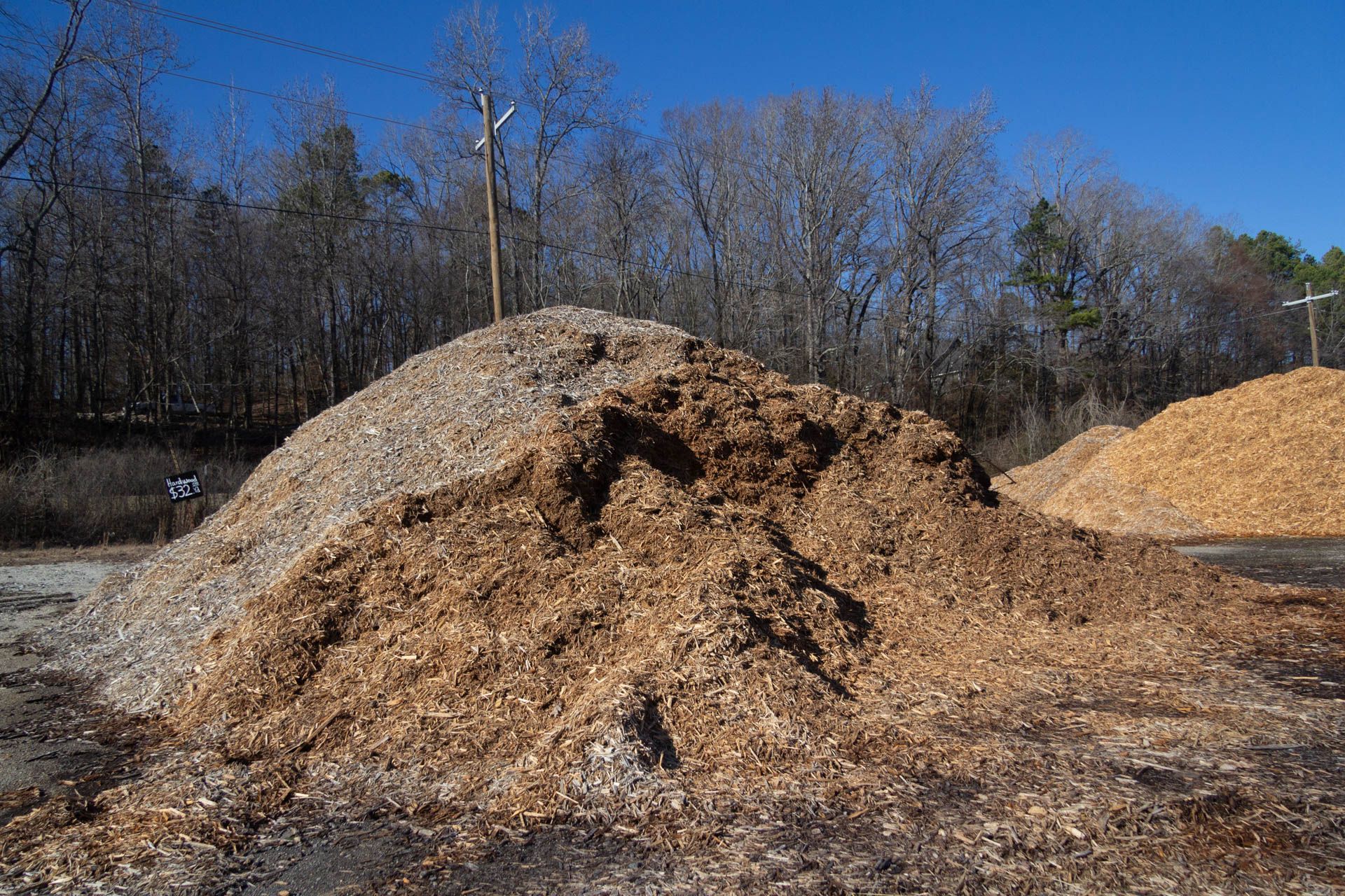 A pile of wood chips is sitting in the middle of a field.