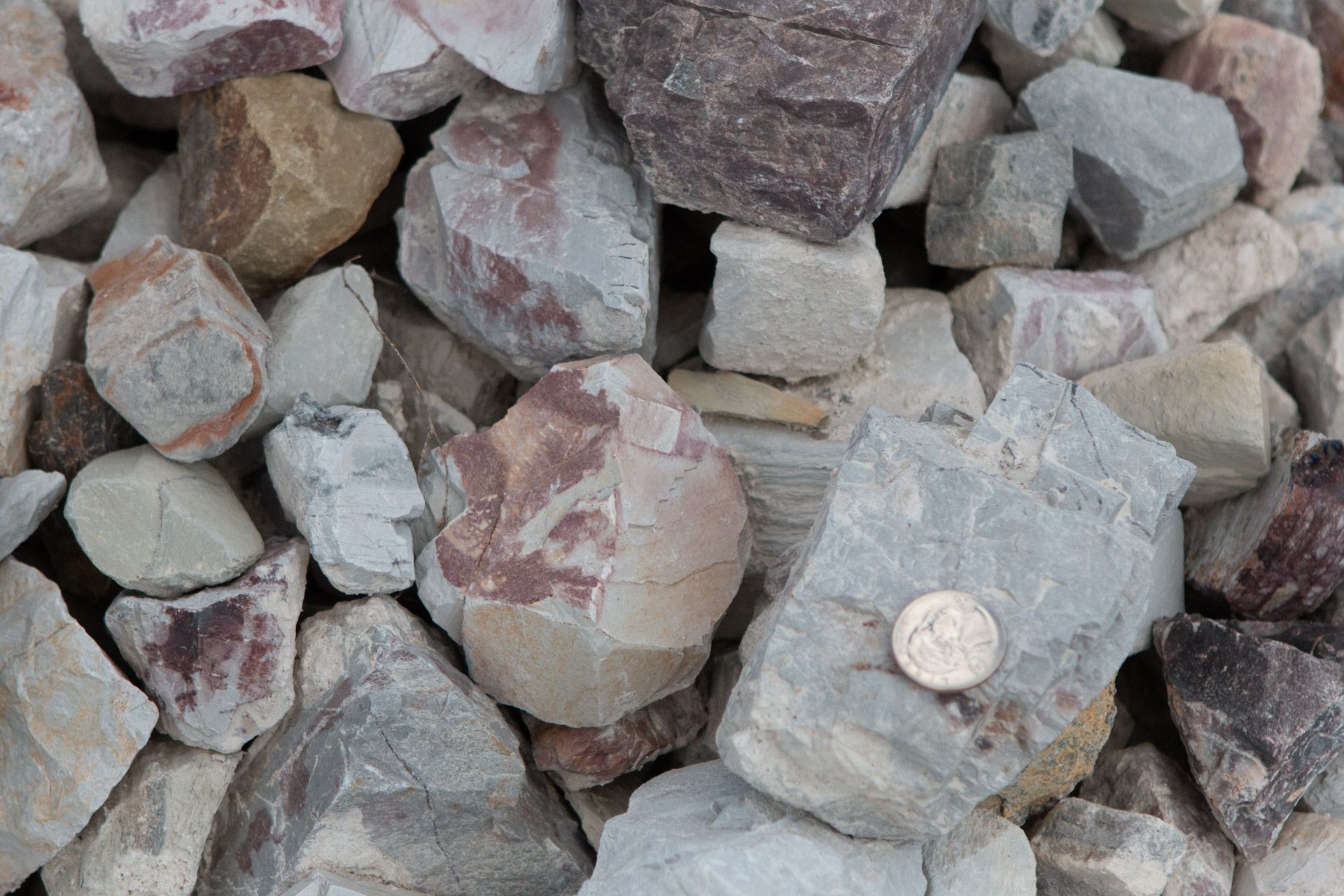 A pile of rocks with a quarter in the middle.