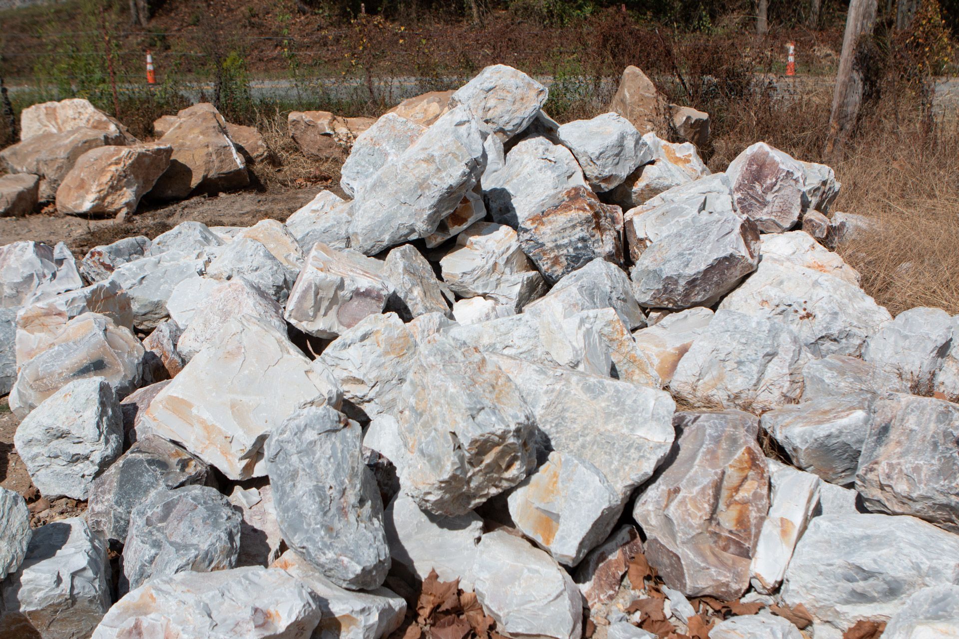 A pile of rocks in a field with trees in the background