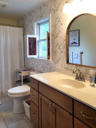 A bathroom with a toilet a sink and a mirror