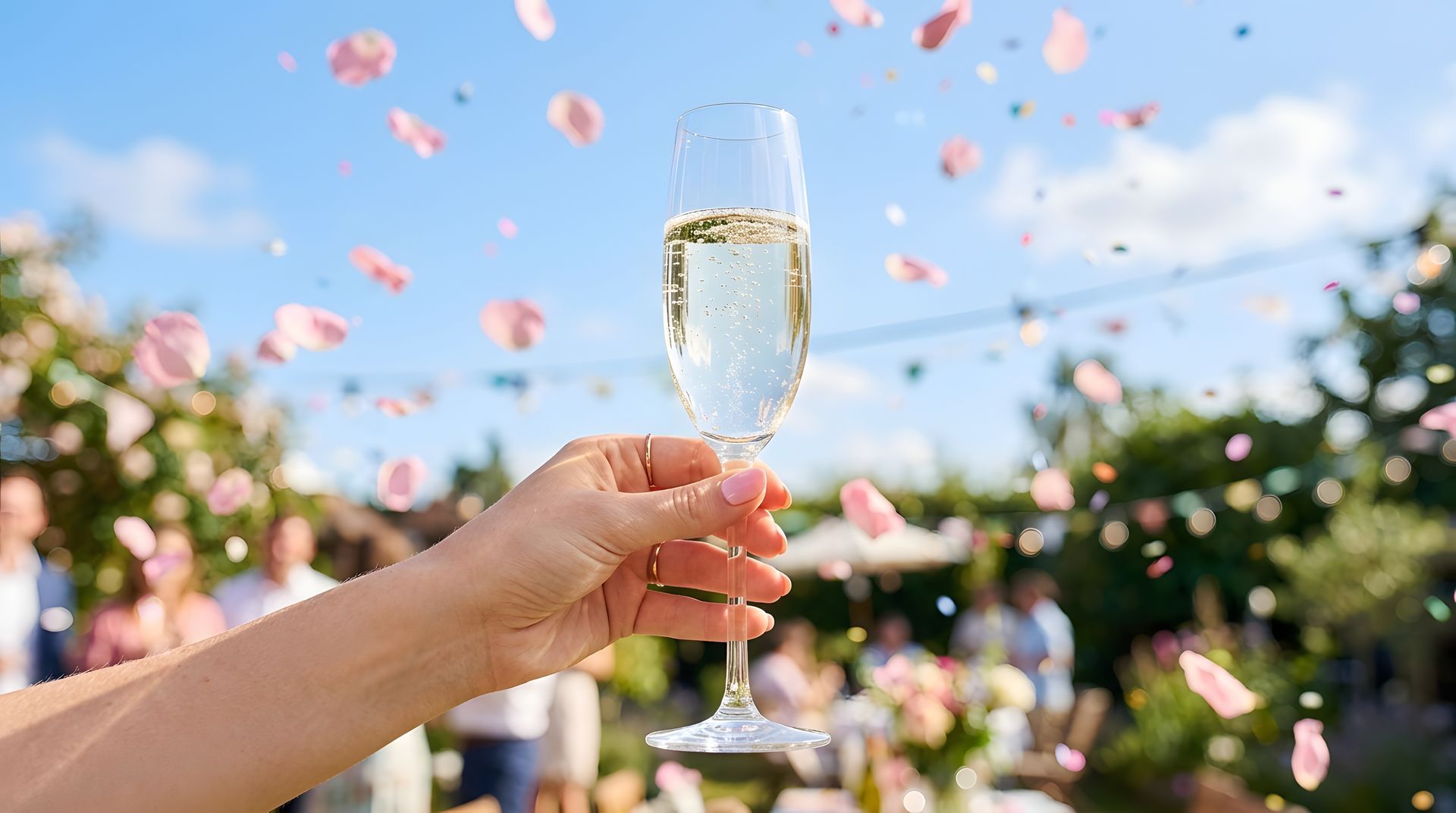 Hand holding a champagne flute amid confetti outdoors at a celebration