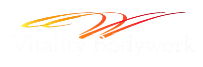 Orange and red abstract swooshes over faint white text logo on a light background