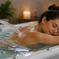 Person relaxing in a bubbling bathtub with water flowing over their shoulder, candlelit spa setting