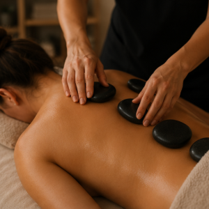 Massage therapist placing hot stones on a client’s bare back during a spa treatment