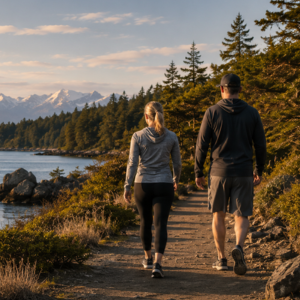 Two hikers walk a forest trail beside water at sunset, with mountains in the distance.